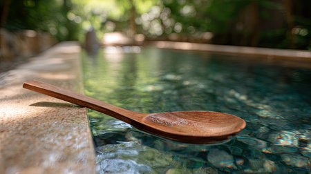 A serene image of a wooden spoon gently floating on the clear water of a pool, surrounded by lush greenery, evoking a sense of peace and relaxation.の素材