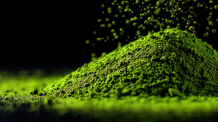 This captivating image features a vibrant green powder mound with fine particles suspended against a dark background. Ideal for use in various creative projects.の素材