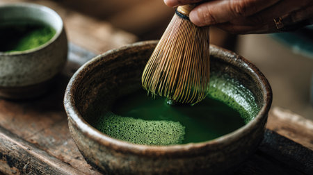 A close-up view of a hand whisking matcha tea in a rustic bowl, showcasing the art of traditional Japanese tea preparation in a serene environment.の素材