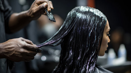 A skilled hair stylist applies a glossy color treatment to a model's long hair in a modern salon, capturing the artistry and focus of hair care.の素材