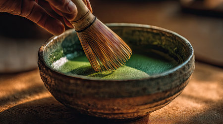 This image captures the art of traditional Japanese tea preparation, showcasing matcha being whisked in a rustic ceramic bowl, evoking tranquility and culture.の素材