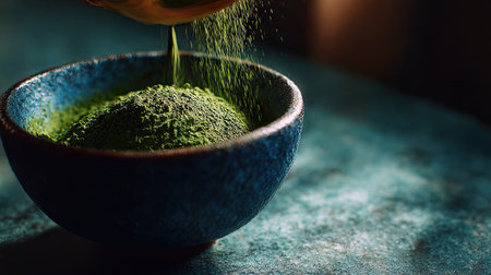 This artistic close-up image captures the pouring of vibrant green matcha powder into a rustic blue bowl, showcasing the intricate texture and color under soft lighting, ideal for culinary and wellness themes.の素材