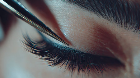 A striking close-up image depicting the detailed process of eyelash application with precision tools in a beauty salon, highlighting the artistry involved.の素材