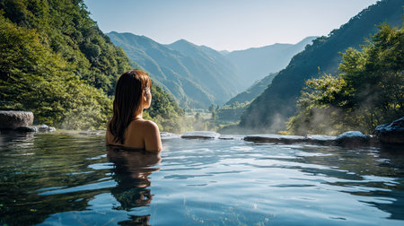 A woman relaxes in a tranquil hot spring, surrounded by breathtaking mountains and lush greenery. The steam rises gently, enhancing the serene atmosphere.の素材