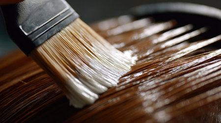 Close-up view of a brush applying vibrant hair color on shiny brown strands, showcasing the artistic process of hair styling and transformation.の素材