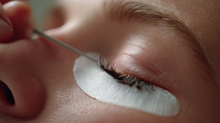 A detailed close-up shows a beautician applying lash extensions to a woman's eye, highlighting the precision and care involved in beauty treatments.の素材