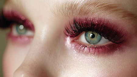 This captivating close-up image showcases a woman's eyes adorned with dramatic makeup, featuring bold eyelashes and stylish eyeliner in soft lighting, highlighting beauty and elegance.の素材