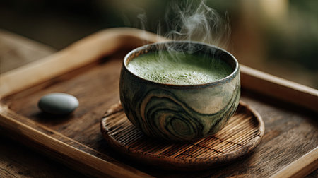 A beautifully crafted ceramic bowl filled with steaming green tea, resting on a wooden tray. This image evokes a peaceful atmosphere, embodying the essence of traditional Japanese tea practices.の素材