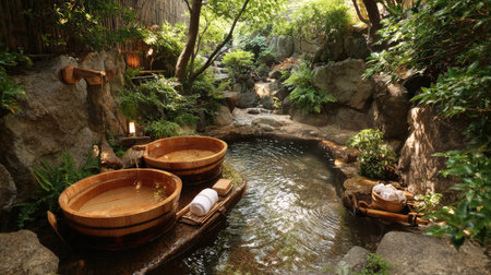 Discover a tranquil retreat in nature featuring serene hot springs with rustic wooden basins, surrounded by lush greenery and soothing water.の素材