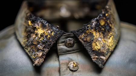 A detailed close-up of a damaged shirt collar, showcasing rust and dirt textures that reflect neglect and history, ideal for artistic and fashion projects.の素材