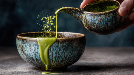 A close-up image showcasing vivid matcha powder being poured from a unique ceramic vessel into an intricately designed bowl. The rustic setting highlights the natural beauty and vibrancy of the green tea, emphasizing its traditional significance in Japanese culture and wellness practices.の素材