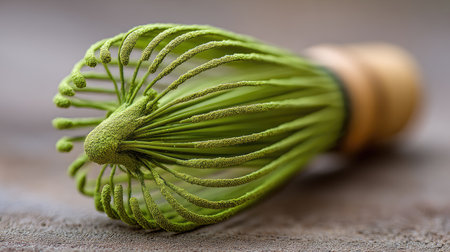 This close-up image showcases a traditional matcha whisk, an essential tool for preparing vibrant green tea. The intricate design highlights artisanal craftsmanship and cultural significance.の素材