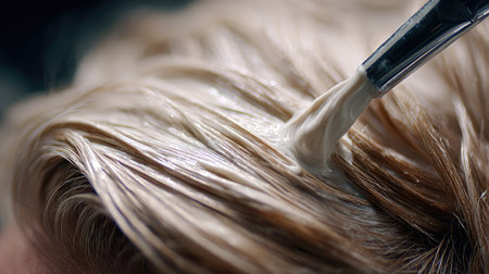 A detailed close-up shot of a creamy hair treatment being applied to blonde hair using a brush, showcasing the luxurious experience of haircare in a salon setting.の素材