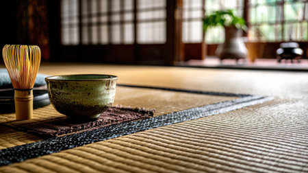 A tranquil Japanese tea ceremony scene featuring traditional utensils like a bowl and bamboo whisk, illuminated by soft natural light in a peaceful interior.の素材