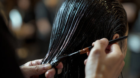 This close-up image captures the intricate process of hair styling in a salon. A professional applies a glossy treatment to enhance the hair's natural shine and health.の素材