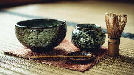 Elegant display of traditional Japanese tea utensils, including a matcha bowl, whisk, and spoon, arranged harmoniously on a tatami mat.の素材