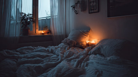 A serene bedroom scene featuring soft bed linens and flickering candles. Perfect for evoking a cozy and inviting atmosphere on a rainy evening.の素材