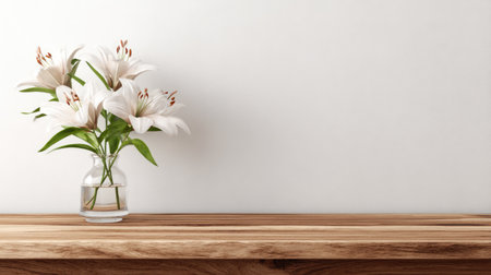 A beautiful arrangement of fresh white lilies in a clear glass vase sits elegantly on a wooden table against a soft neutral background, perfect for dの素材