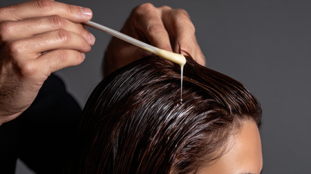A close-up view of a skilled hand applying a nourishing serum to smooth glossy hair, highlighting the elegance of personal hair care routines.の素材
