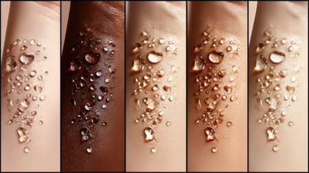 Explore the beauty of diverse skin tones accentuated by glistening water droplets. This close-up image emphasizes moisture, texture, and natural elegance, perfect for skincare themes.の素材