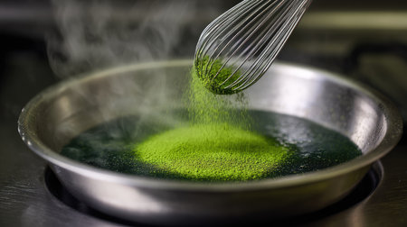 A close-up shot of a whisk mixing vibrant green powder into boiling liquid, creating steam in a modern kitchen. The scene emphasizes culinary artistry and freshness.の素材