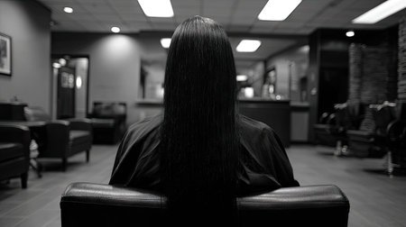 A captivating black and white image depicting an individual with long hair sitting in a salon, waiting for a haircut, embodying tranquility and self-care.の素材