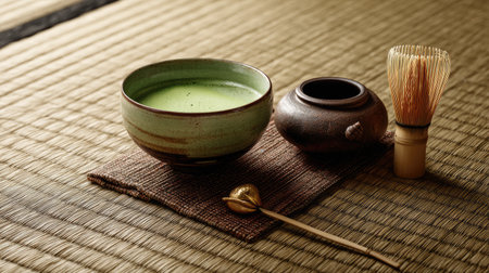 A serene setup featuring a traditional green matcha tea bowl, whisk, and accessories, set on a bamboo mat, embodying tranquility and culture.の素材