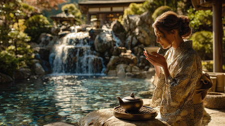 A tranquil scene featuring a woman in a soft kimono enjoying tea by a crystal-clear waterfall in a lush Japanese garden, embodying relaxation and cultural elegance.の素材