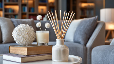 This beautiful living room scene showcases a stylish arrangement of decor elements, including a scented diffuser, floral accents, and comfortable furniture, all enhancing a cozy atmosphere.の素材