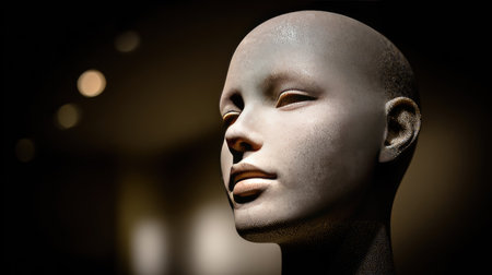 A striking close-up of a realistic mannequin head with a serene expression set against a softly blurred background that enhances its artistic appeal.の素材