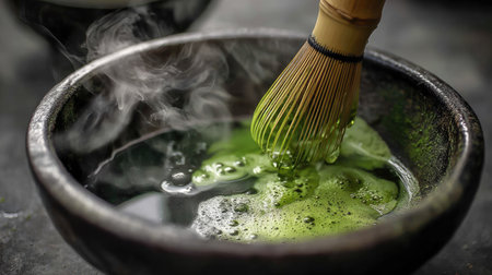 A serene scene of matcha preparation featuring a bamboo whisk mixing the vibrant green tea in a traditional bowl with steam rising, evoking calmness and focus.の素材