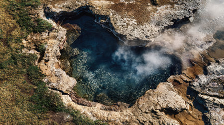 This stunning aerial view captures a natural hot spring surrounded by rocky terrain and steam, showcasing the vibrant colors and unique geology of a geothermal area.の素材