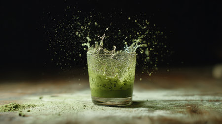 A vibrant green drink splashes dramatically in a clear glass, highlighting water droplets and powdery surroundings, suggesting freshness and vitality.の素材