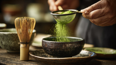 A serene setting showcasing the traditional preparation of matcha tea, highlighting the meticulous process of whisking and sifting green powder.の素材