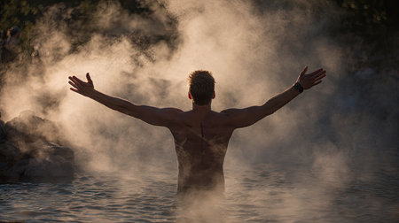 A silhouette of a man stands in a hot spring, arms outstretched amidst swirling steam and warm light, portraying a moment of tranquility and connection with nature.の素材