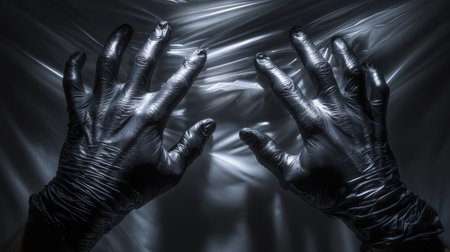 A striking image featuring hands clad in black gloves pushing against a sheer plastic material. The interplay of light and shadow creates a dramatic atmosphere, emphasizing texture and tension, ideal for artistic and modern themes.の素材
