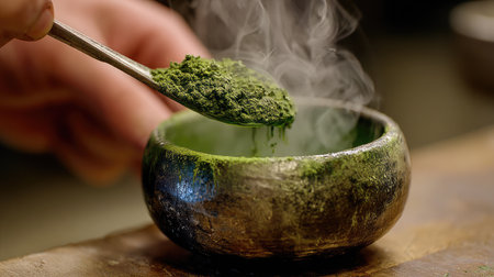 Close-up of a hand adding matcha powder to a bowl, with steam rising, capturing the essence of traditional tea preparation and the calming process of brewing.の素材