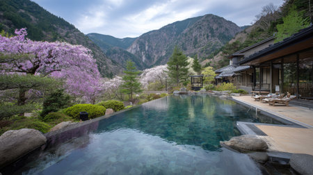 Experience tranquility at this stunning mountain retreat featuring vibrant cherry blossoms and a serene pool, set against breathtaking natural scenery.の素材
