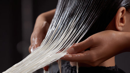 A close-up view showcasing a professional hair treatment application, highlighting the glossy essence being spread through hair for a shiny and smooth result.の素材