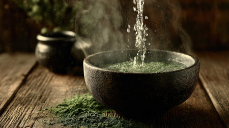 An inviting scene featuring hot water pouring into a stone bowl filled with vibrant green spirulina powder, emphasizing health and wellness.の素材