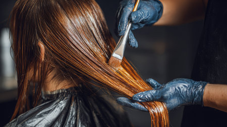 A professional stylist applies hair color to a client's glossy brown hair in a modern salon. The careful application showcases the process and products used.の素材