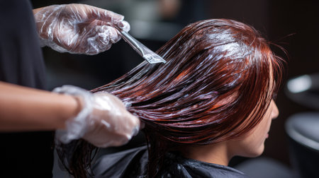 A skilled stylist applies vibrant dye to a client's long hair in a modern salon setting, showcasing the art of hair coloring and beauty care.の素材