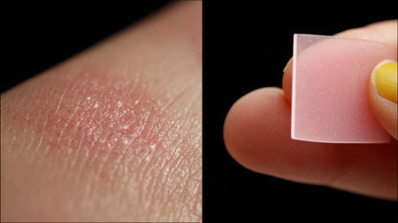 This image shows a close-up of human skin exhibiting a blister next to a translucent gel sheet, ideal for health and cosmetic applications.の素材