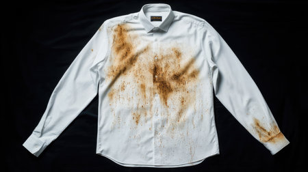A close-up image of a white dress shirt featuring noticeable brown stains, captured against a black background. This visual emphasizes clothing care and fashion imperfections.の素材