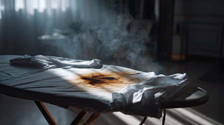 A close-up view of an ironed white shirt resting on an ironing board, with steam rising in soft natural light, creating a serene and domestic atmosphere.の素材