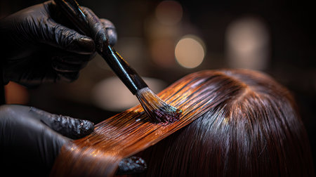 A close-up shot captures the intricate process of hair coloring in a salon, featuring a stylist applying vibrant dye with precision to enhance the hair's beauty.の素材