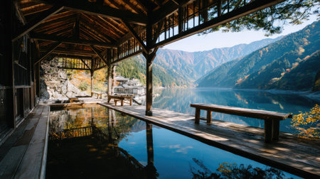This tranquil lakeside retreat features a beautiful wooden deck overlooking calm waters and stunning mountains, creating a perfect serene escape.の素材