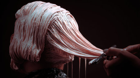 A striking close-up featuring a hair styling process where a creamy product is applied to hair. The image captures the delicate texture and artistry involved in beauty treatments, set against a dramatic background. Perfect for beauty and fashion themes.の素材