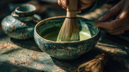 A serene moment showcasing the art of traditional matcha tea preparation, highlighting the delicate whisking process and vibrant green color.の素材