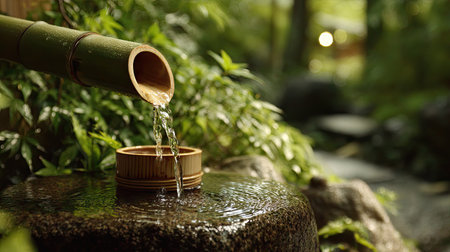 This captivating image features a bamboo spout pouring water into a tranquil stone basin, surrounded by lush greenery and soft sunlight. Perfect for nature themes.の素材
